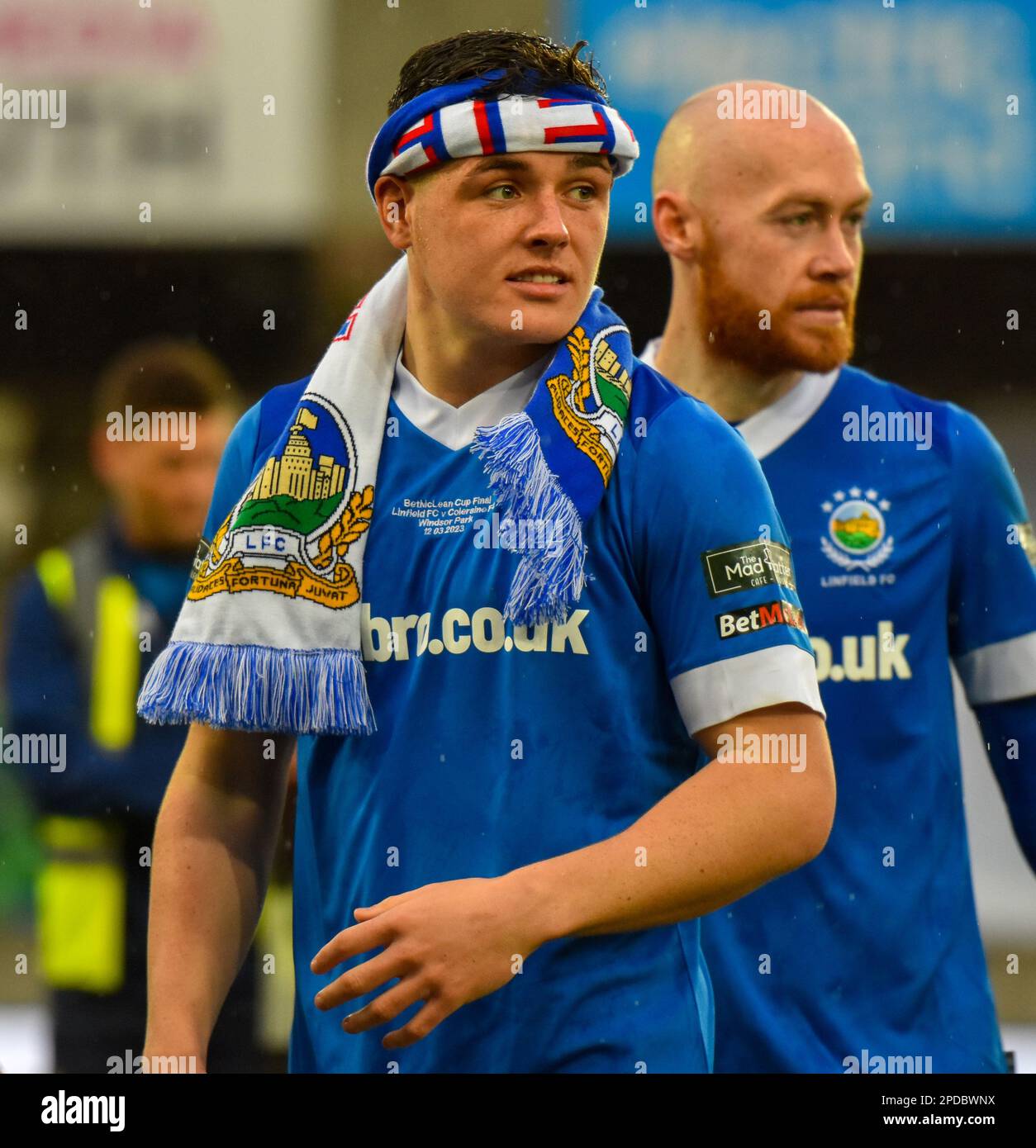 Ethan Devine, lettore FC Linfield. BetMcLean Cup Final 2023, Linfield Vs Coleraine. Stadio nazionale al Windsor Park, Belfast. Foto Stock