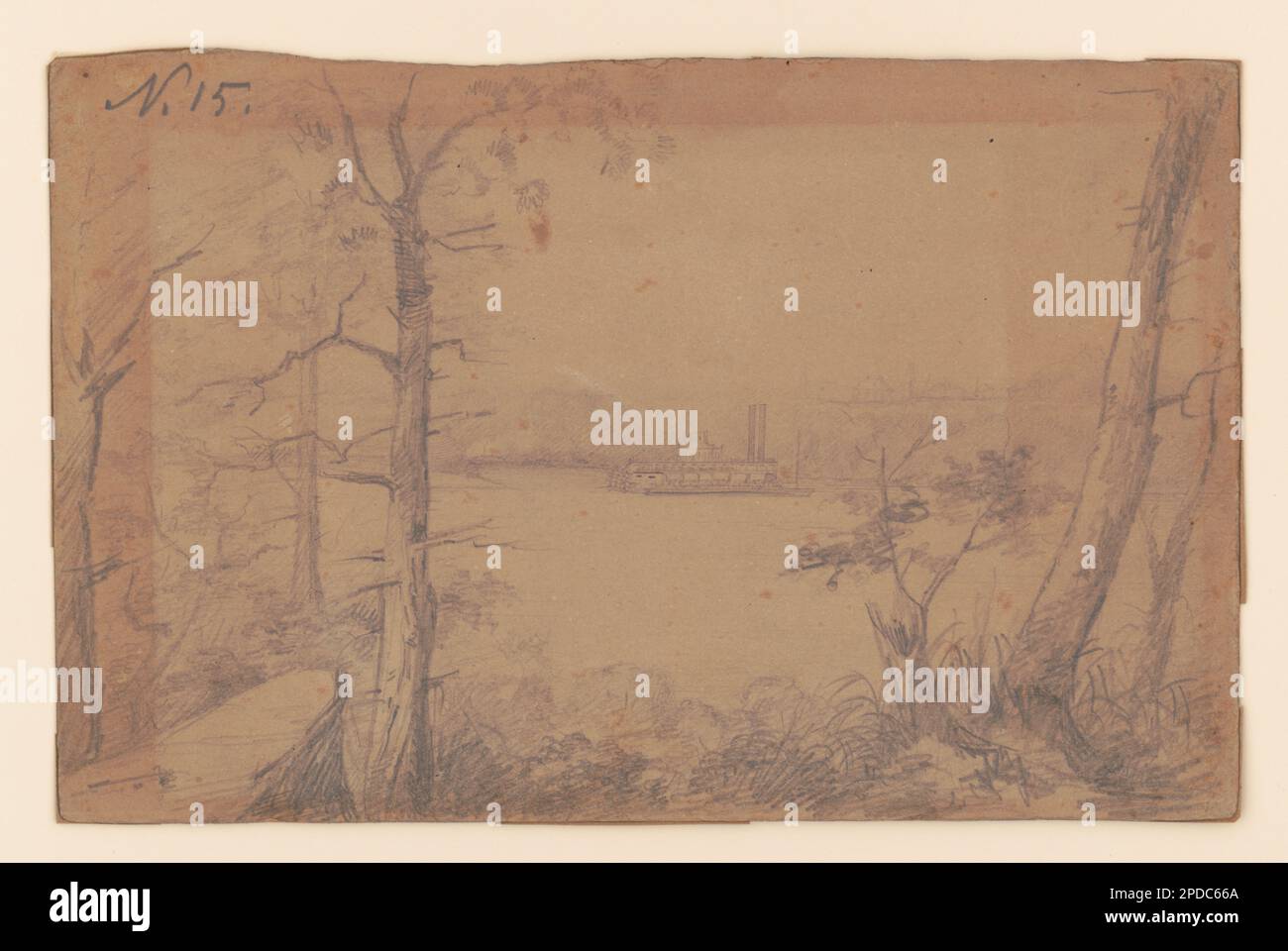 Fiume Tennessee vicino a Firenze, Alabama, 1862. Fa parte della Collezione americana della Guerra civile Adolph Metzner presso la Library of Congress, Purchase; E. Burns Apfeld; 2014; (DLC/PP-2014:188), Sangue versato in questa guerra: Guerra civile illustrazioni del capitano Adolph Metzner, 32nd Indiana / Michael A. Peake. Indianapolis : Indiana Historical Society Press, 2010, pag. 117. Waterfront, Alabama, Firenze, 1860-1870, battelli a vapore, Alabama, Florence, 1860-1870, Stati Uniti, Storia, Guerra civile, 1861-1865, Alabama, Firenze, fiume Tennessee, 1860-1870. Foto Stock