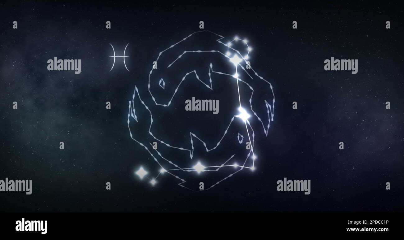 Immagine del segno pesci con stelle su sfondo nero Foto Stock