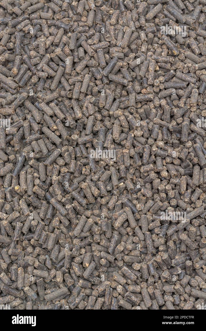 Pellet di alimentazione animale su una superficie piana. Per l'allevamento o l'allevamento di animali o animali. Foto Stock