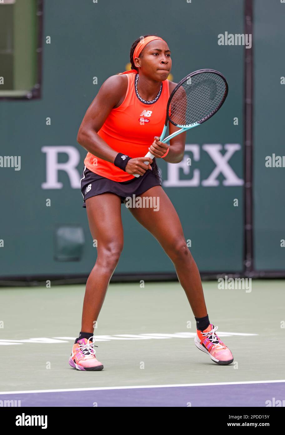 14 marzo 2023 Coco Gauff in azione contro Rebecca Peterson di Svezia durante il 2023 BNP Paribas Open all'Indian Wells Tennis Garden di Indian Wells, California. Credito fotografico obbligatorio: Charles Baus/CSM Foto Stock