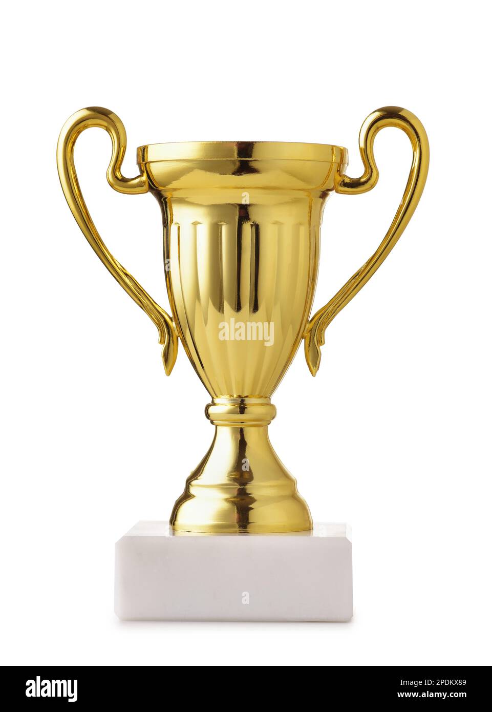 Vista frontale del trofeo della coppa d'oro isolato su bianco Foto Stock