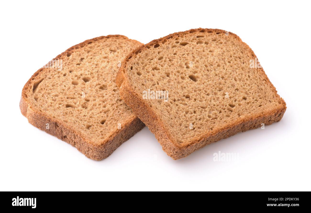 Due fette di pane di segale isolate su bianco Foto Stock