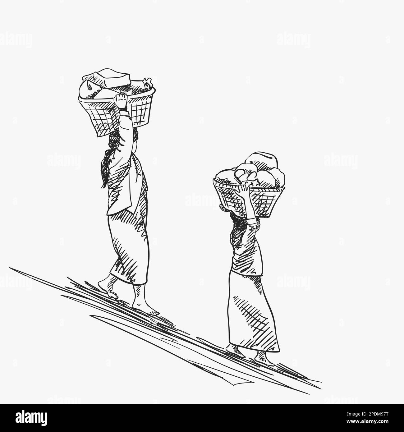 Due donne birmane stanno trasportando i cestini grandi sulle loro teste downhill, schizzo del vettore con le tonalità incrociate, illustrazione disegnata a mano Illustrazione Vettoriale