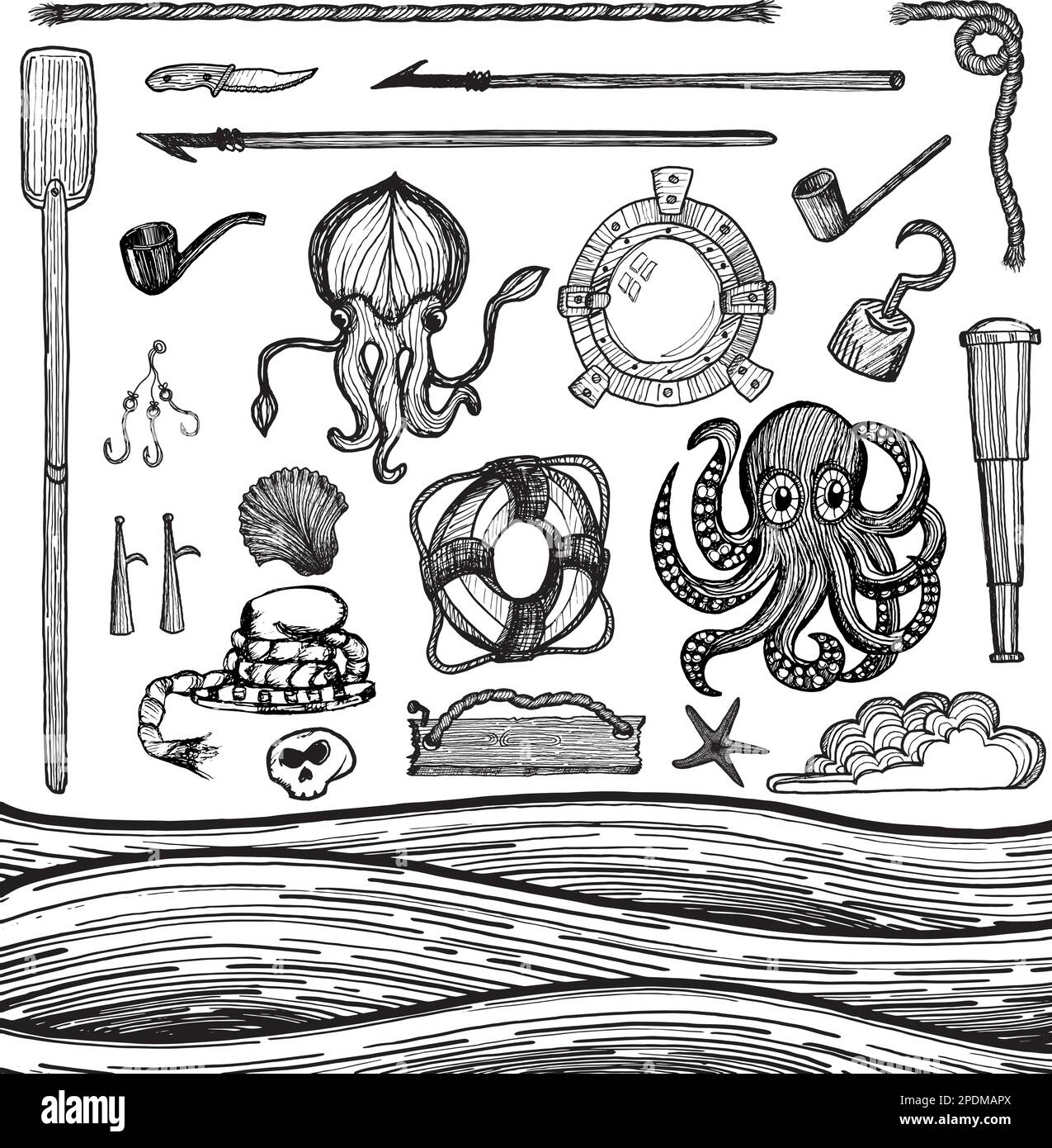 Collezione di simboli nautici e oggetti abbozzati in stile vintage Illustrazione Vettoriale