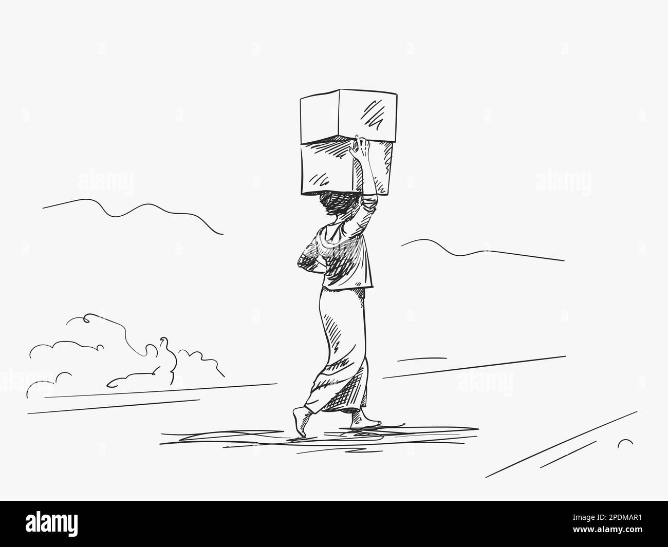 Donna birmana in longyi sta trasportando grandi scatole sulla sua testa, schizzo vettoriale con sfumature tratteggiate, disegno a mano Illustrazione Vettoriale
