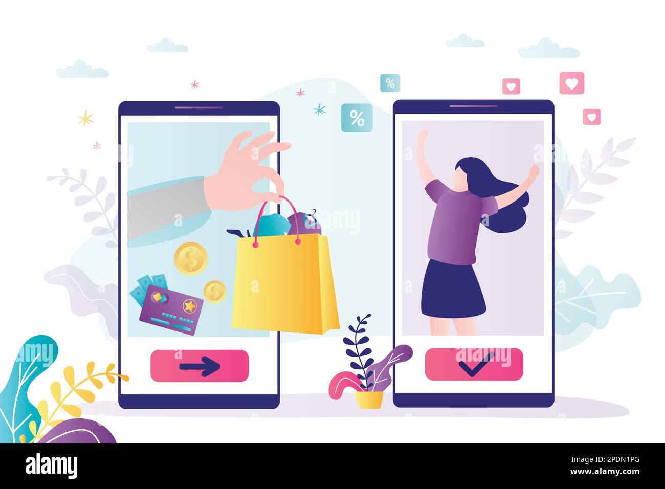Confezione di maniglie piena di regali diversi. Carino personaggio femminile gioire a regali online. Cartoon donna riceve regali virtuali tramite smartphone. Divieto Illustrazione Vettoriale