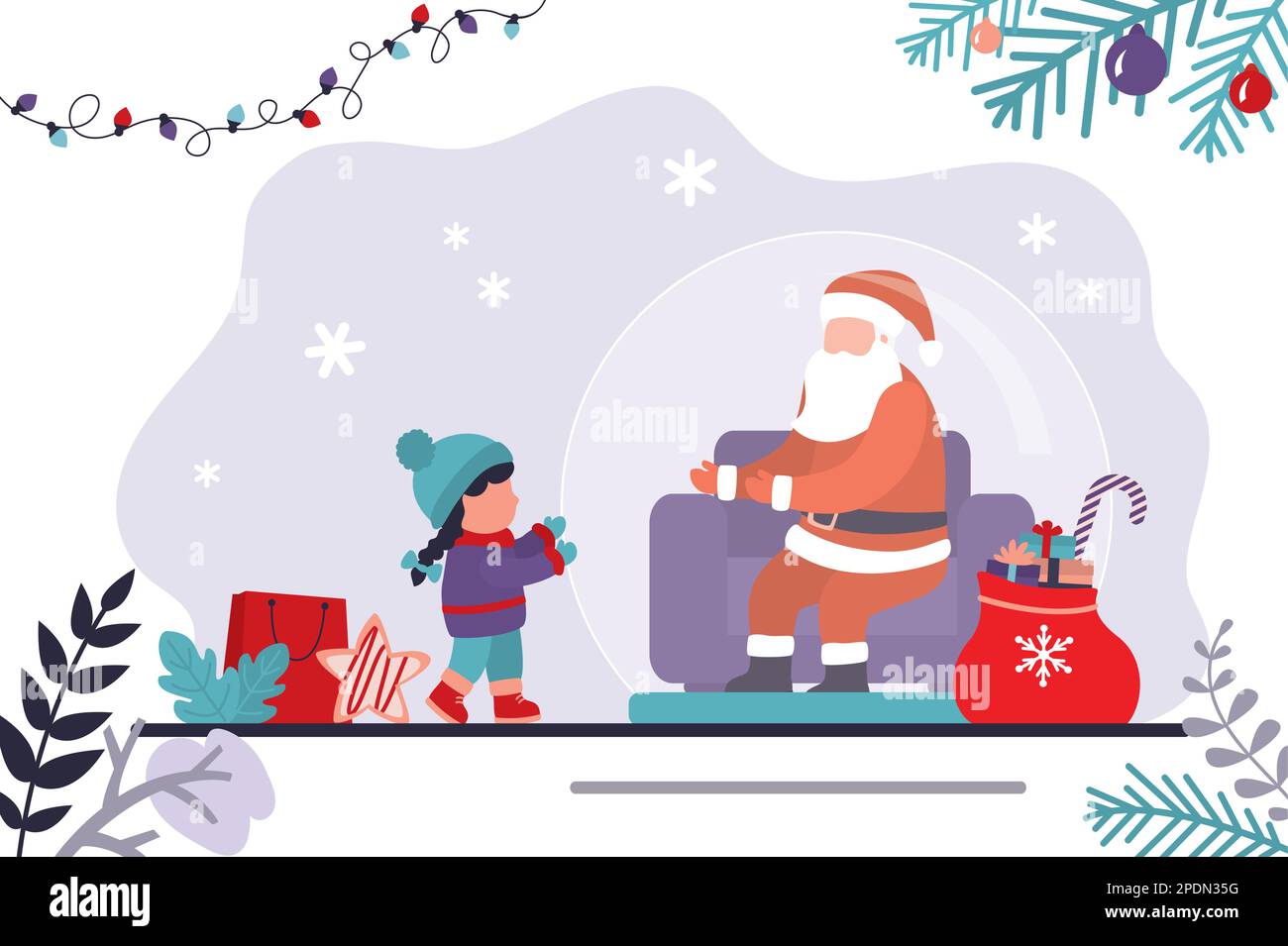 Babbo Natale e la ragazza prendono precauzioni durante il coronavirus pandemico. Babbo Natale in bolla protettiva, mantenendo la distanza sociale. Vacanze invernali, Funny C Illustrazione Vettoriale