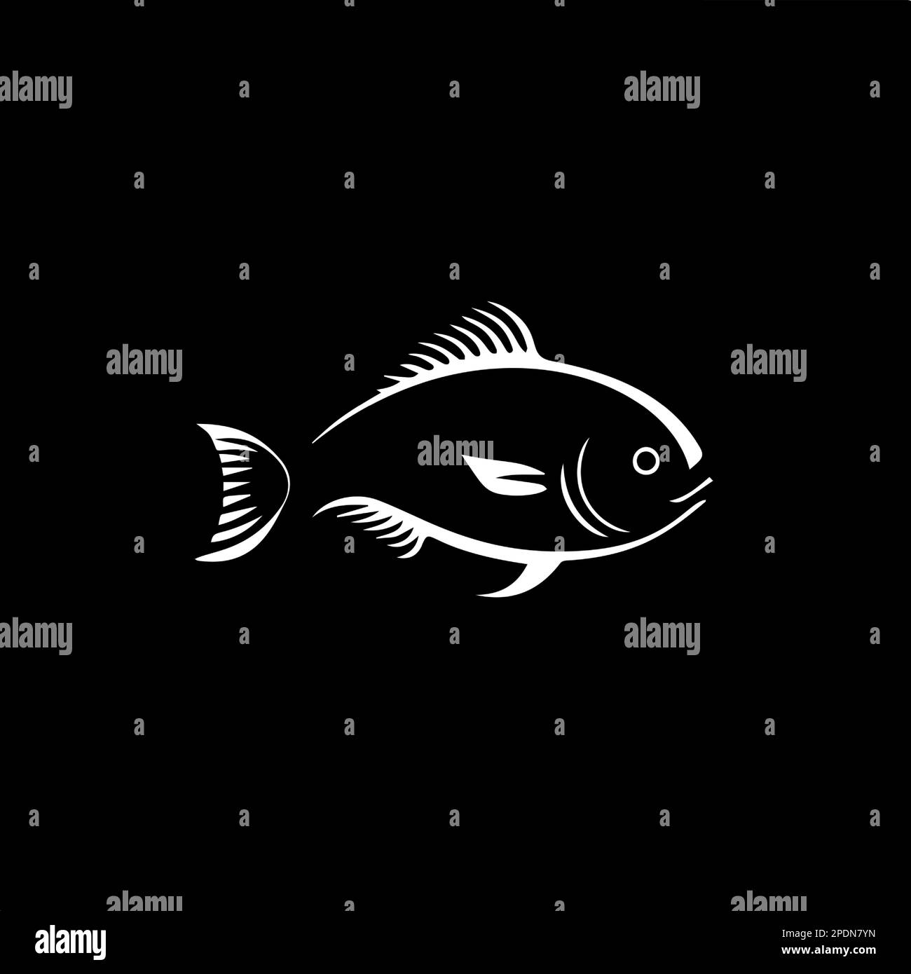 Modello con logo minimalistico, icona bianca di silhouette di pesce su sfondo nero, etichetta moderna di prodotti ittici, mercato del pesce, accessori per pescatori Illustrazione Vettoriale