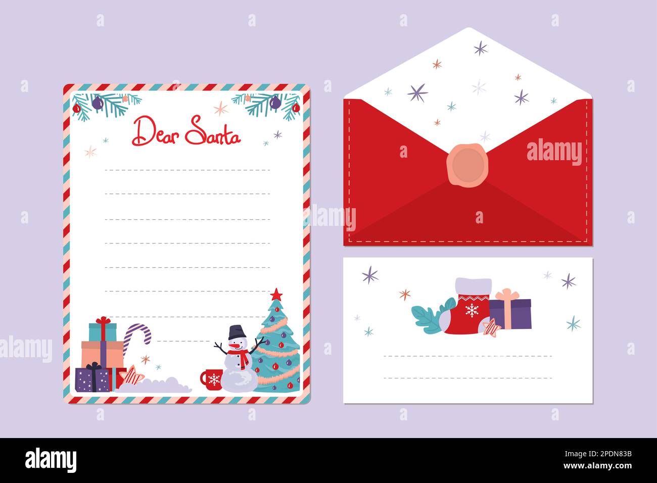 Modello di lettera e busta di natale. Messaggio con wishlist a Babbo Natale. Biglietto d'auguri con scritta Cari Babbo Natale. Set di carte e lettere natalizie. Illustrazione Vettoriale