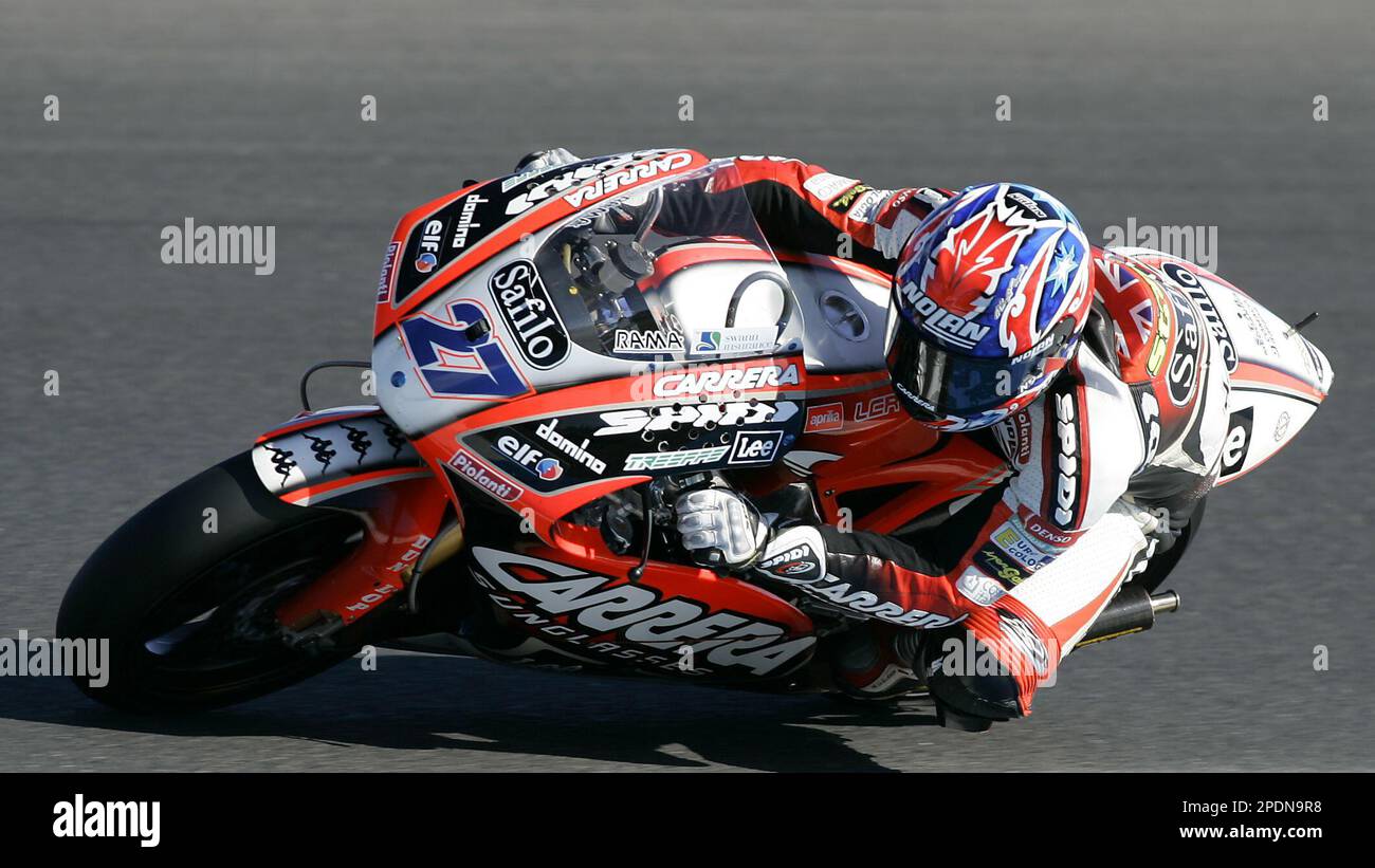 Australian 250cc rider Casey Stoner leans a Aprilia during practice for the  Australian Motorcycle Grand Prix at Phillip Island, Saturday, October 15,  2005. Stoner qualified in first place to take pole position. (