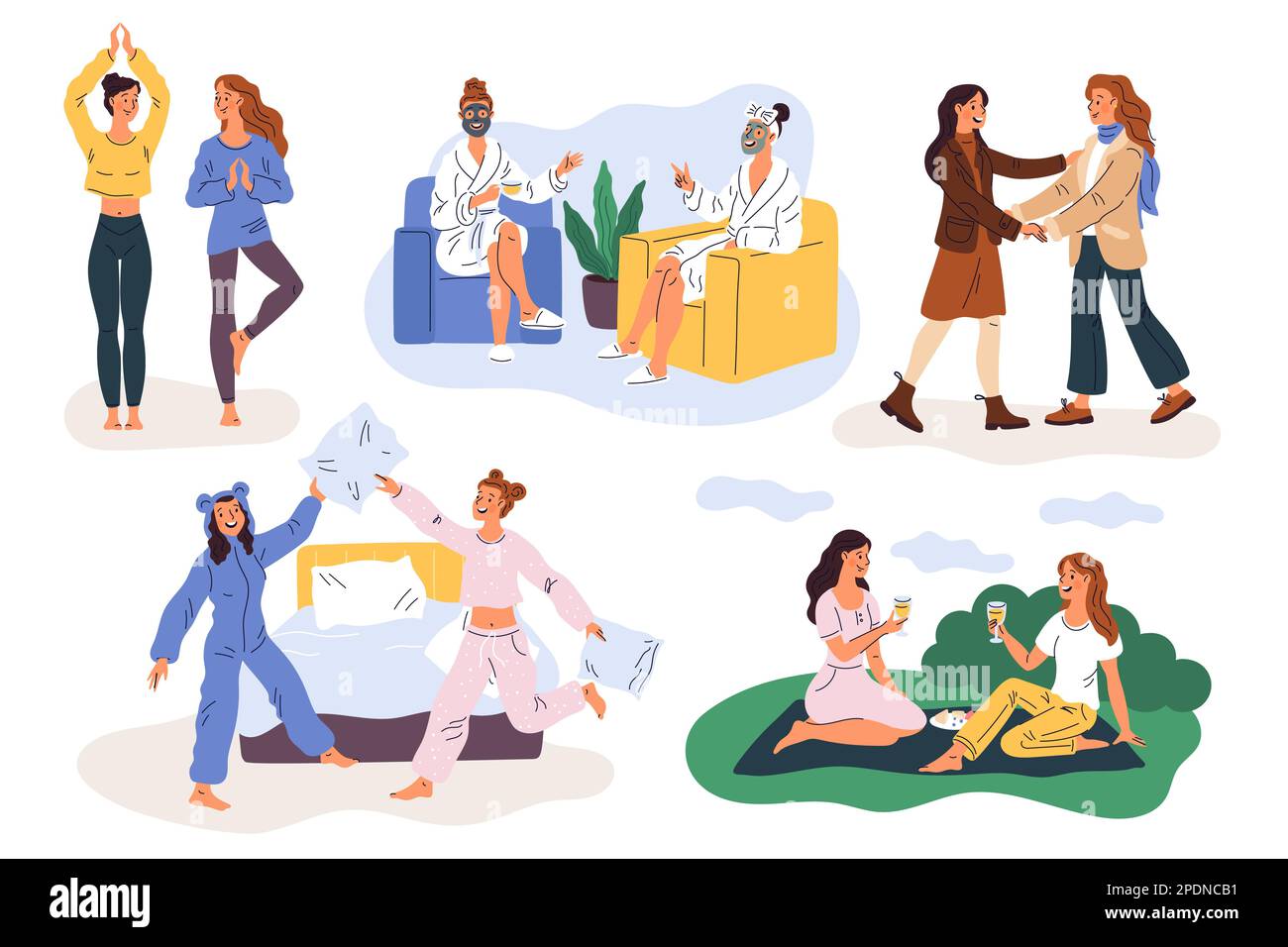 Girlfriends divertirsi. Passatempo amichevole Unito. Le ragazze cute fanno yoga. Cura della pelle del viso. Lotta cuscino. Relazioni femminili. Amici pigiama partito. Parcheggio Illustrazione Vettoriale