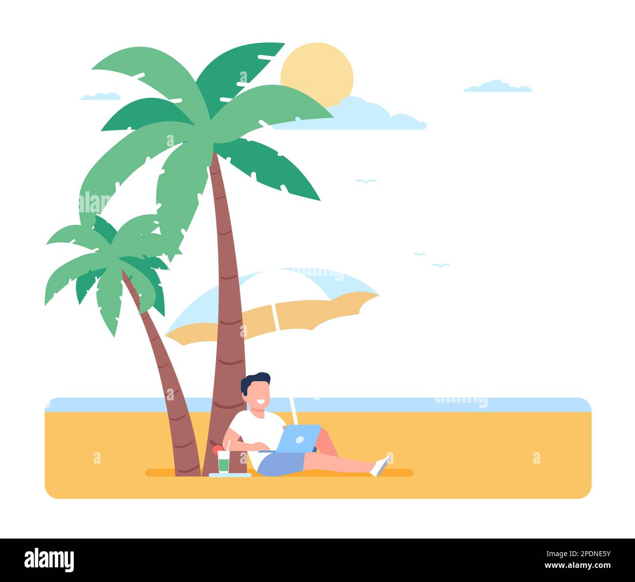 Uomo freelance che lavora con un computer portatile in spiaggia. Lavoro remoto. Felice imprenditore maschile rilassarsi sotto le palme e ombrello. Vacanze estive. Freelance mentire Illustrazione Vettoriale