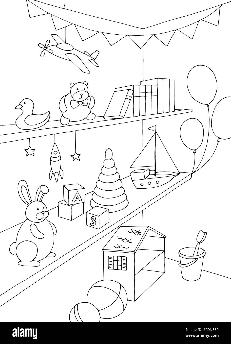 Giocattolo negozio grafica nero bianco interno verticale schizzo vettore di illustrazione Illustrazione Vettoriale
