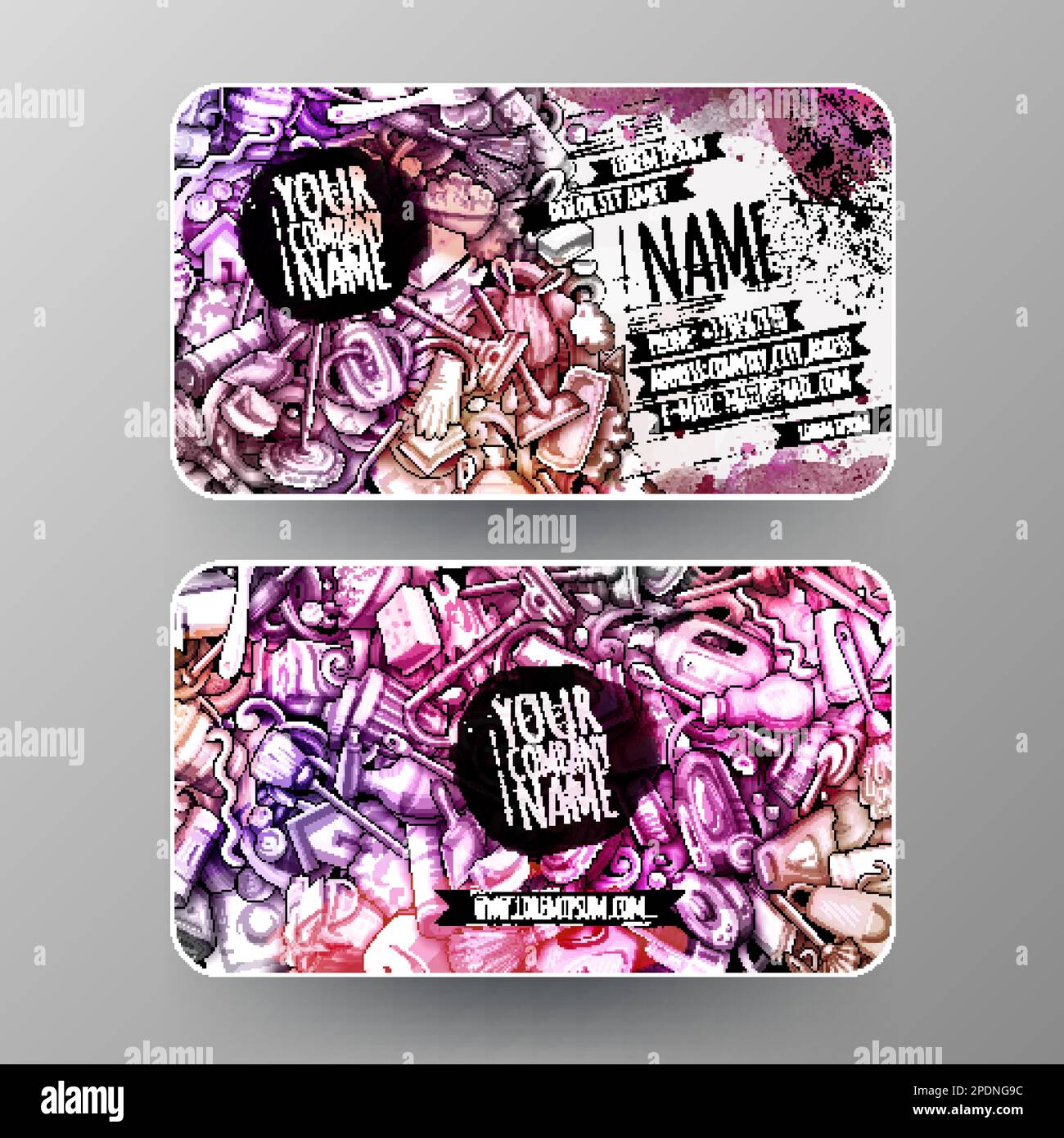 Cartoon grafica watercolor vettoriale doodles pulizia identità aziendale. design delle schede id 2. Set di modelli Illustrazione Vettoriale
