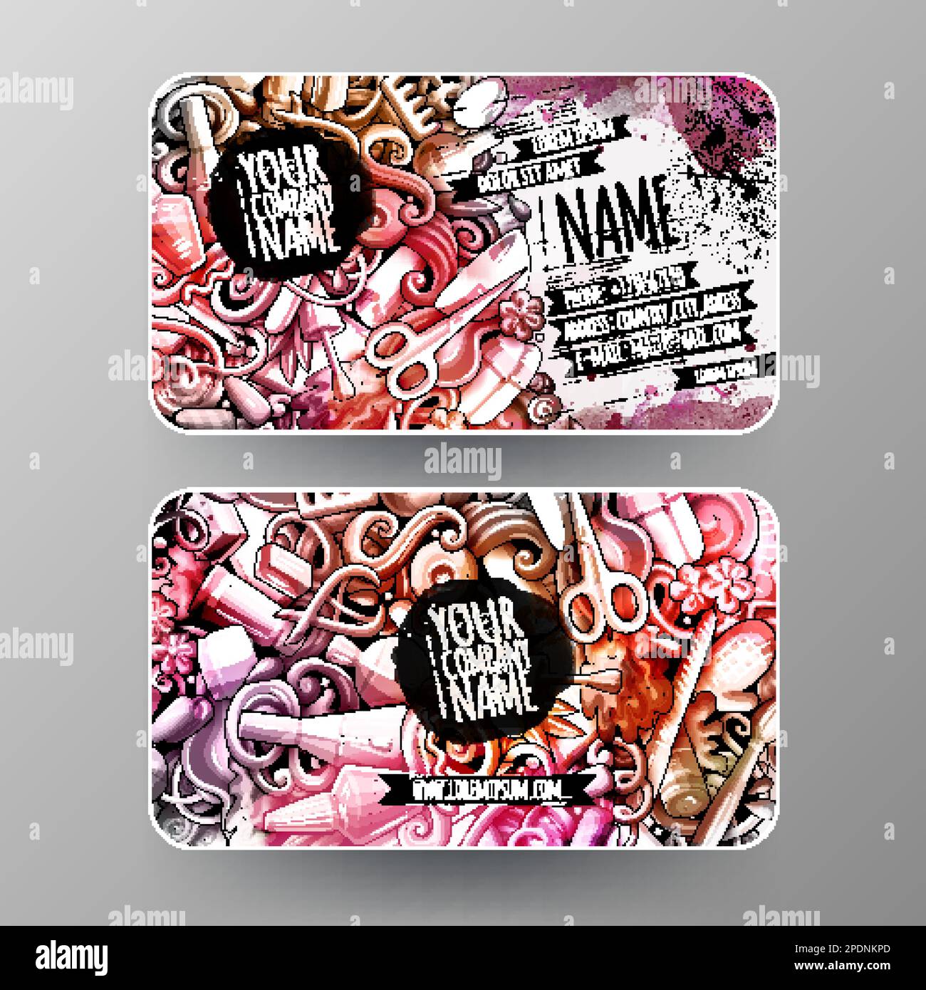Cartoon grafica watercolor vettoriale doodles Nail Salon corporate Identity. design delle schede id 2. Set di modelli Illustrazione Vettoriale