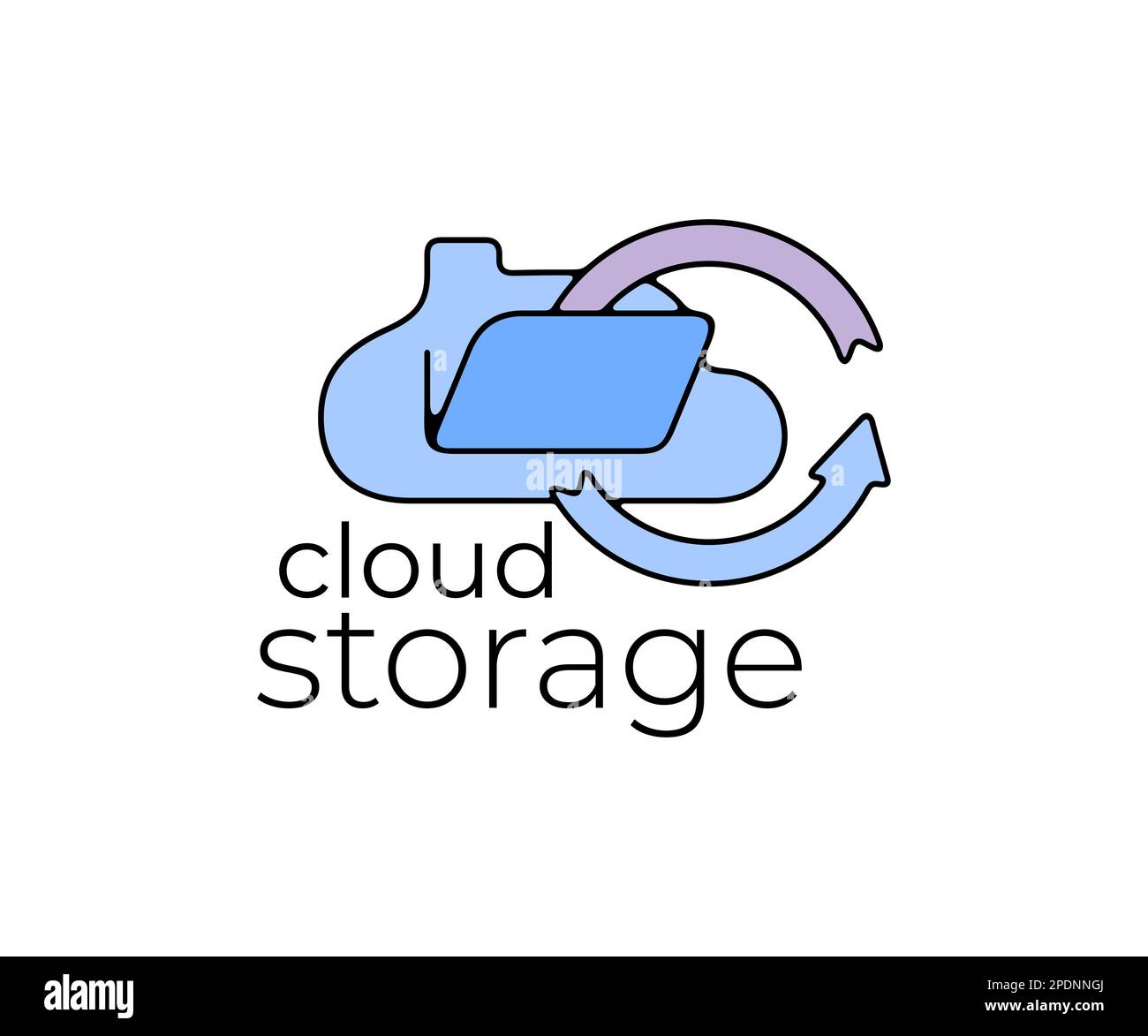Archiviazione cloud, cloud, trasferimento dati, tecnologia e rete, logo design. Storage digitale, server cloud, cloud computing e Internet, progettazione vettoriale Illustrazione Vettoriale
