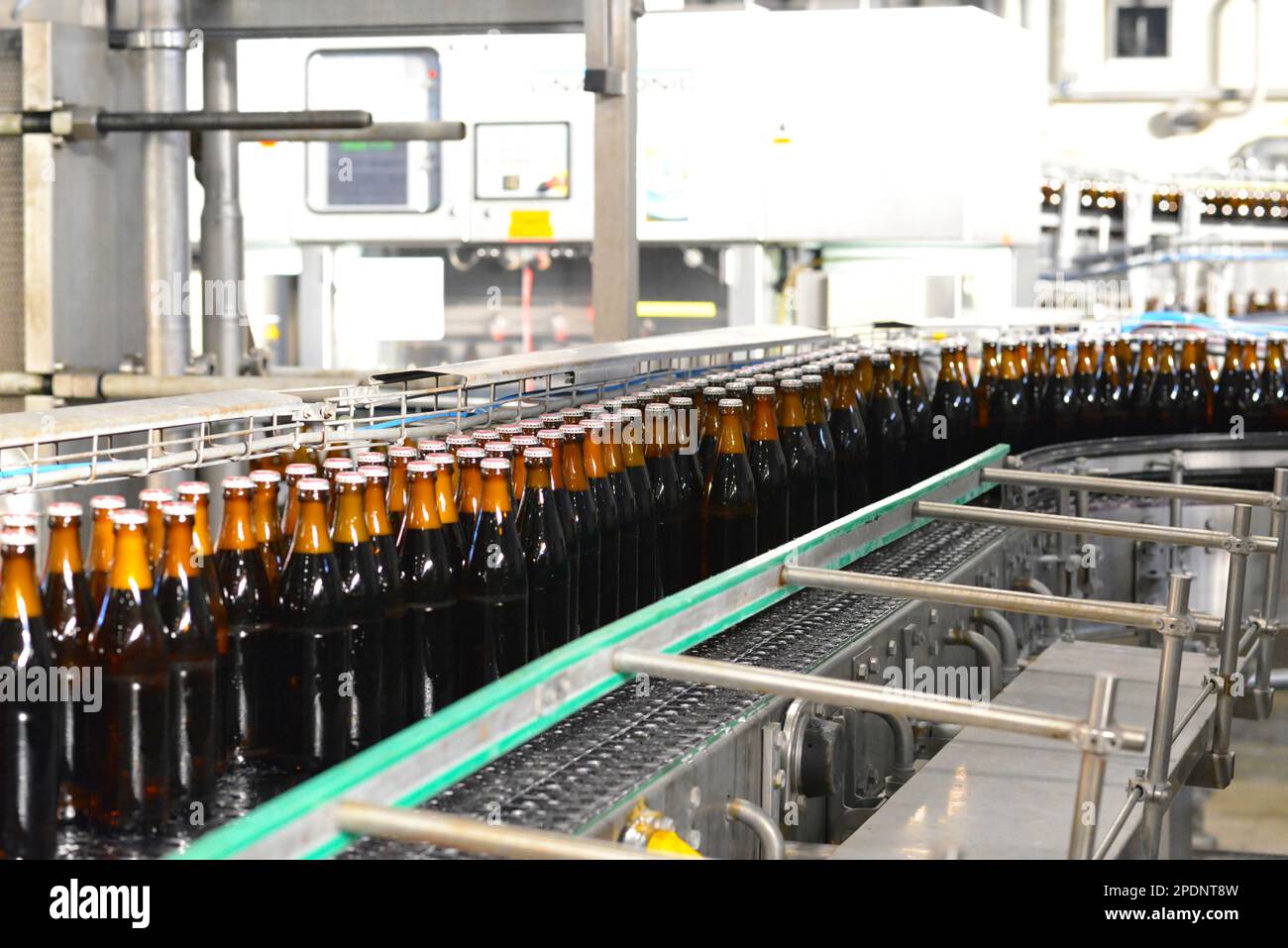 Bottiglie di birra sulla linea di montaggio in una birreria moderna - impianto industriale nell'industria alimentare Foto Stock