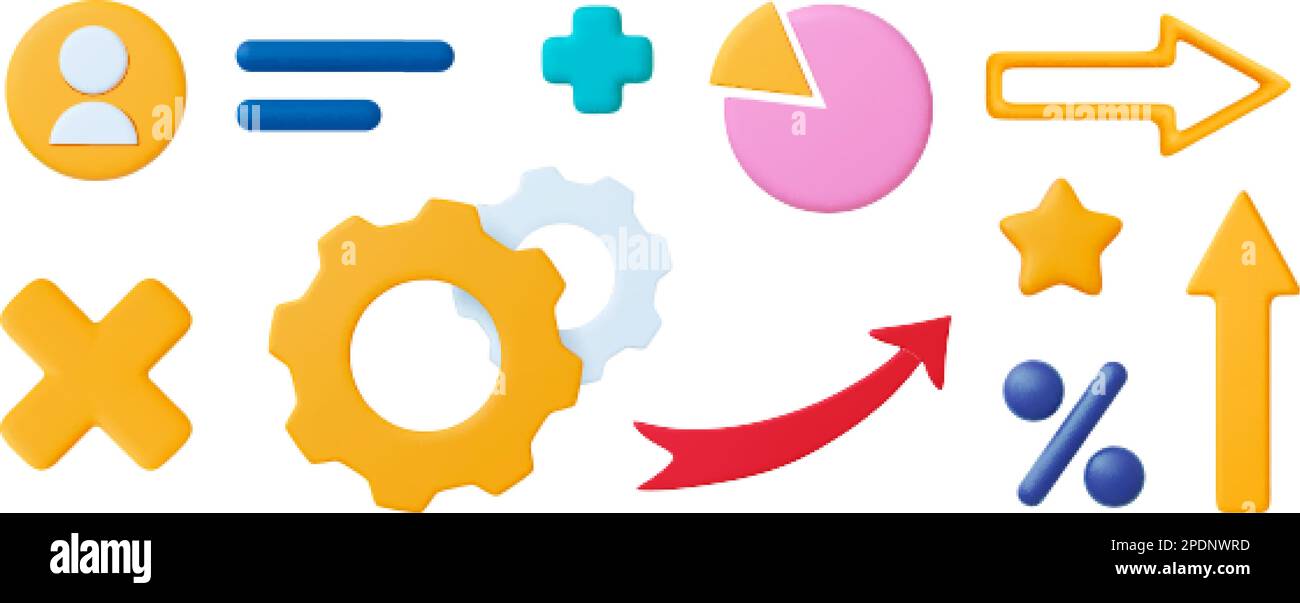 Diversi elementi aziendali dell'ufficio 3D. Frecce, avatar account personale, stella gialla plastilina e grafico torta. Raccolta di vettori di infografiche Illustrazione Vettoriale