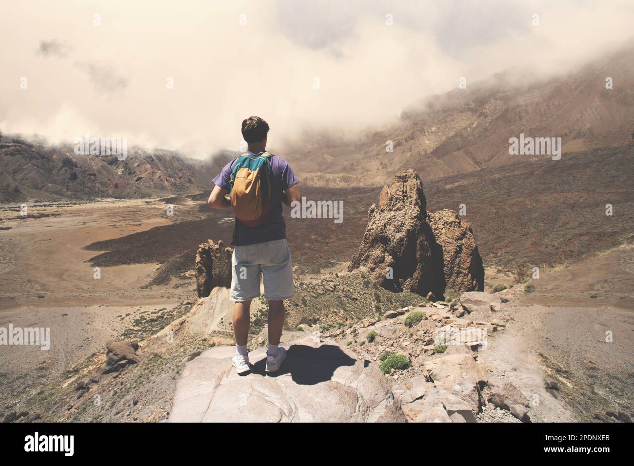 giovane turista con zaino godendo di un paesaggio spettacolare, concetto di libertà e avventura Foto Stock