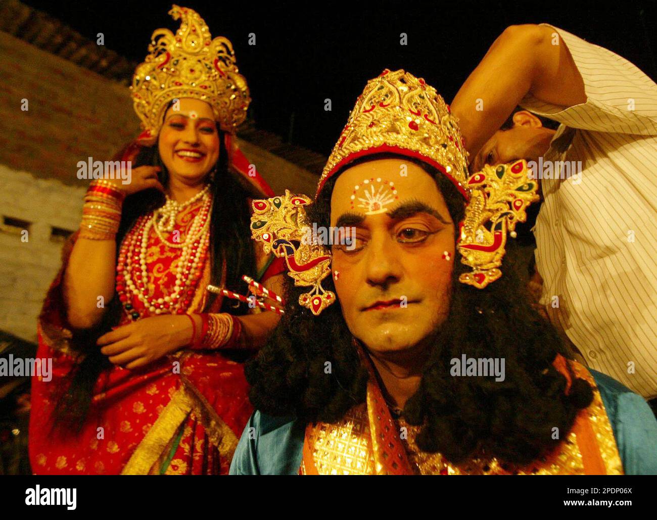 Sri Rama Costumes An artist performing the role of Hindu God Rama, center, is given final ...