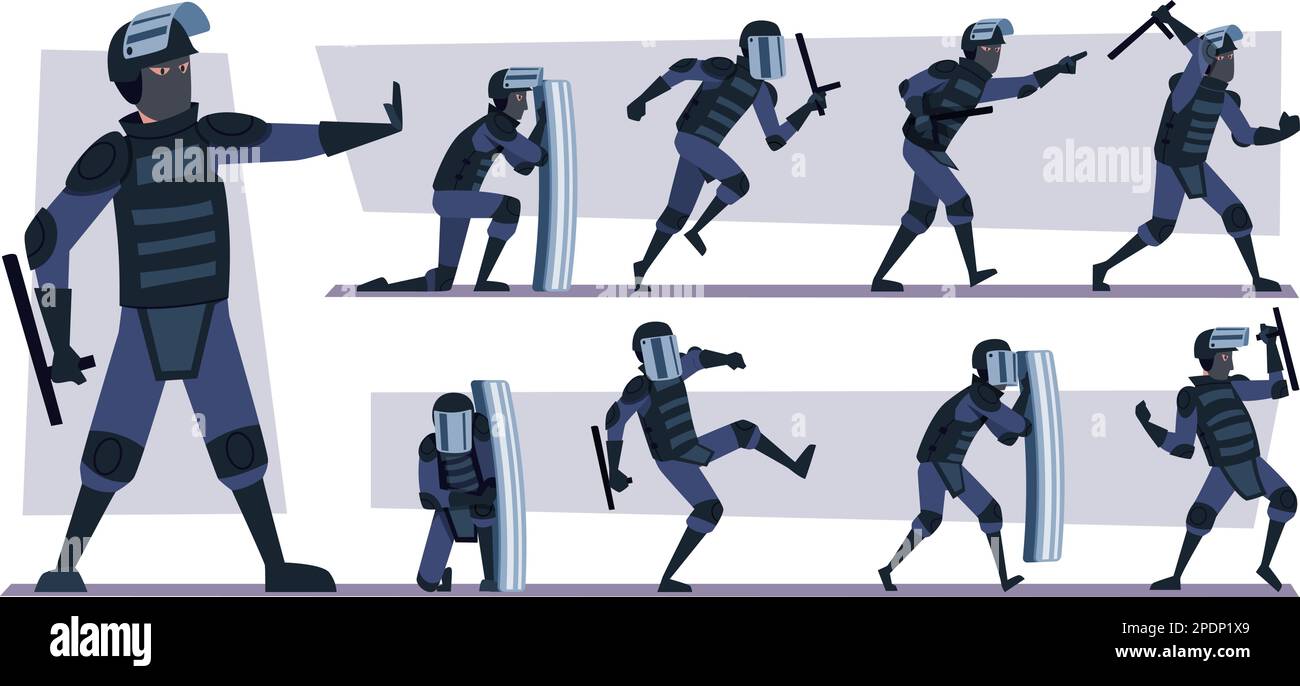 Polizia blindata. I combattenti della squadra di azione pongono i caratteri di polizia del vettore esatti Illustrazione Vettoriale