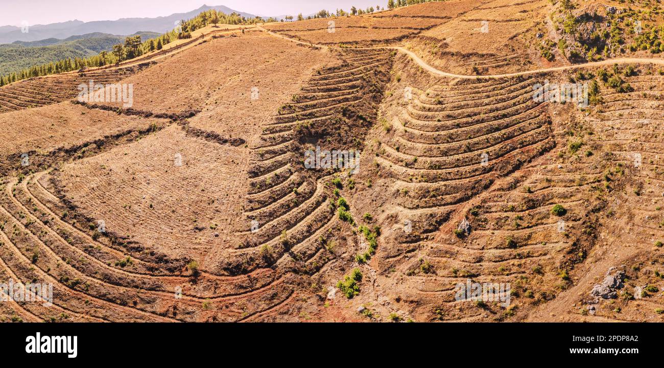 Vista aerea di colline o terrazze di montagna, l'agricoltura in climi aridi Foto Stock