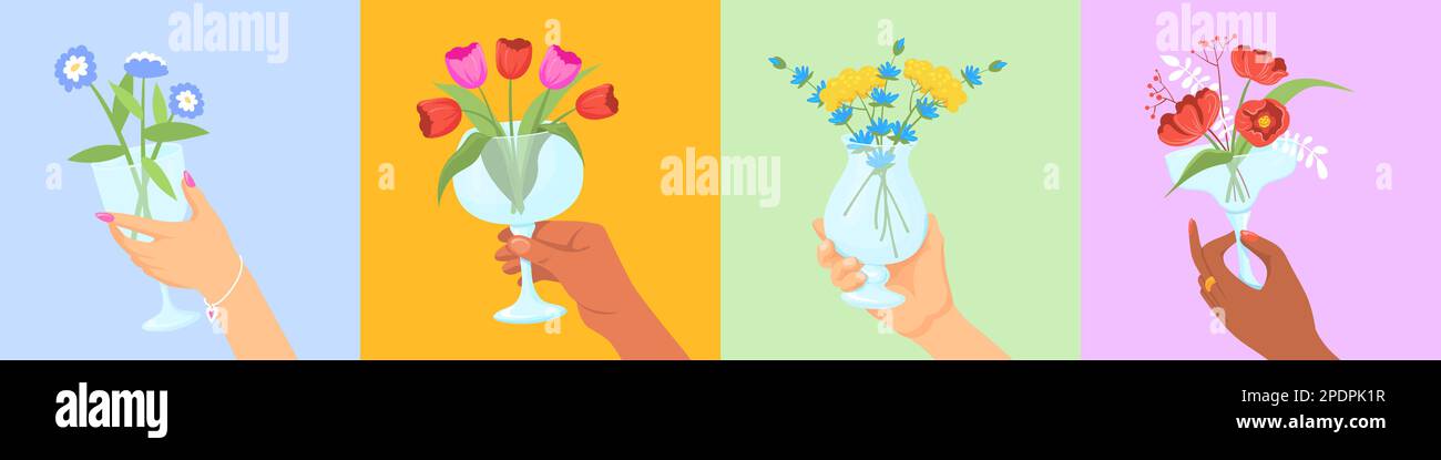 Le mani tengono cocktail di fiori. Drink party, uomo o donna che porta bicchieri da vino con fiori aromatici sul gambo per interni romantici, festeggiamenti vettore illustrazione di fiori e cocktail floreale bevanda Illustrazione Vettoriale
