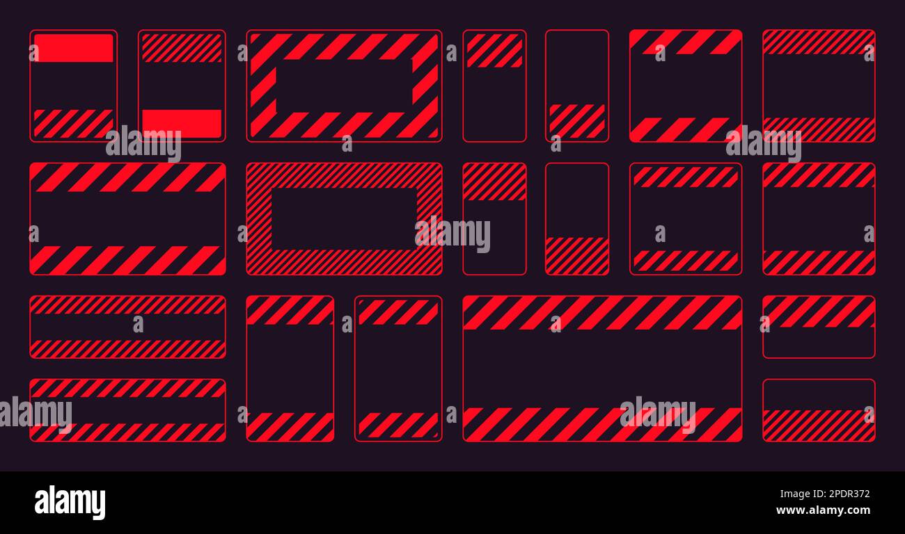 Vari segnali di avvertimento rossi vuoti con linee diagonali. Segnale di attenzione, pericolo o attenzione, segnaletica per cantiere. Cartello di avviso realistico, avvertenza Illustrazione Vettoriale