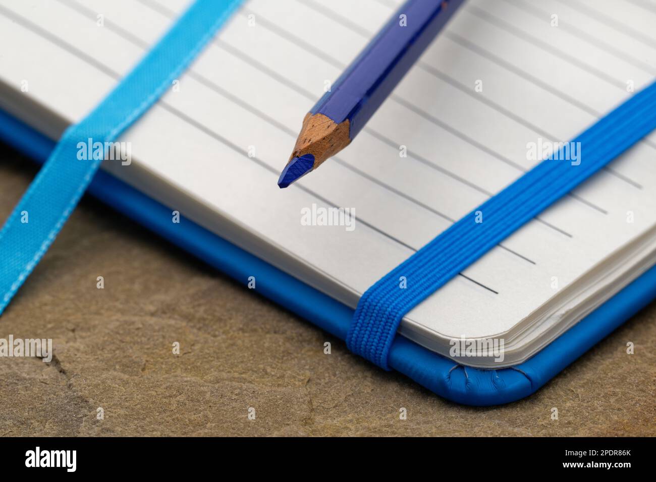 Un notebook rivestito con una matita blu. Pronti a prendere appunti, disegnare idee e scrivere piani. Matita e carta pronti. Foto Stock
