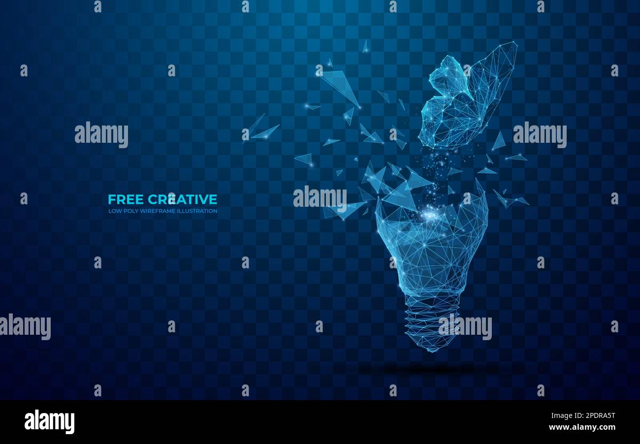 La farfalla digitale esce da una lampadina rotta. Fuga di fantasia. Illustrazione Vettoriale