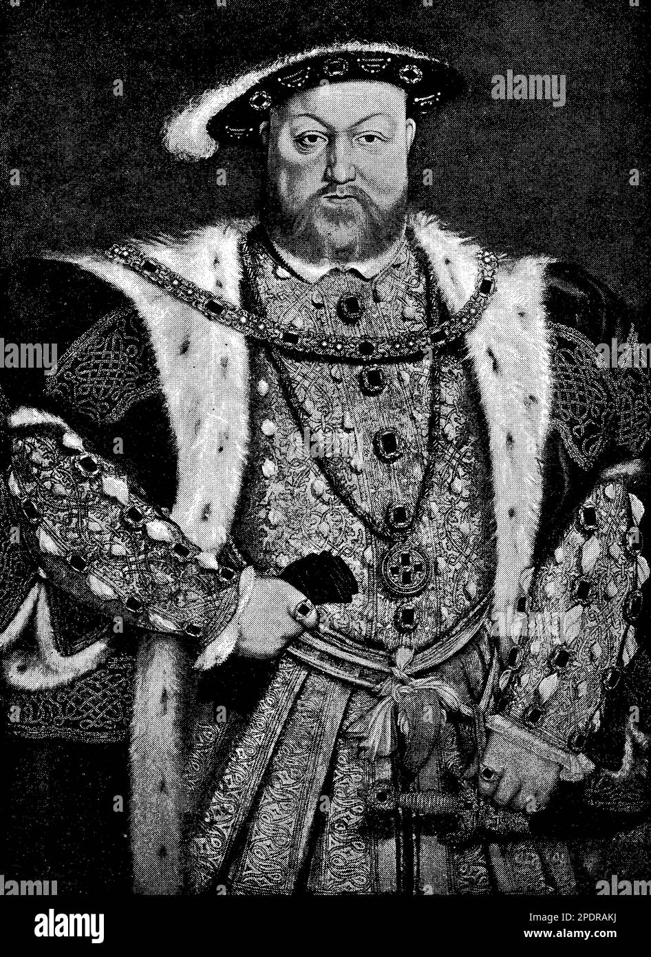 Enrico VIII (1491-1547) fu il secondo re Tudor d'Inghilterra ed è forse meglio conosciuto per i suoi sei matrimoni e il suo ruolo nella riforma inglese. Il suo desiderio di erede maschile, e la sua frustrazione di non riuscire ad ottenerne una con le sue prime due mogli, lo condussero a chiedere un annullamento al Papa, e alla fine a spezzarsi dalla Chiesa cattolica e a fondare la Chiesa d'Inghilterra. Henry era anche conosciuto per il suo amore per la caccia, la musica e lo sport, così come per la sua tempesta volatile e spietata manovra politica. È spesso raffigurato come una figura più grande della vita, sia nella c storica che nella c popolare Foto Stock