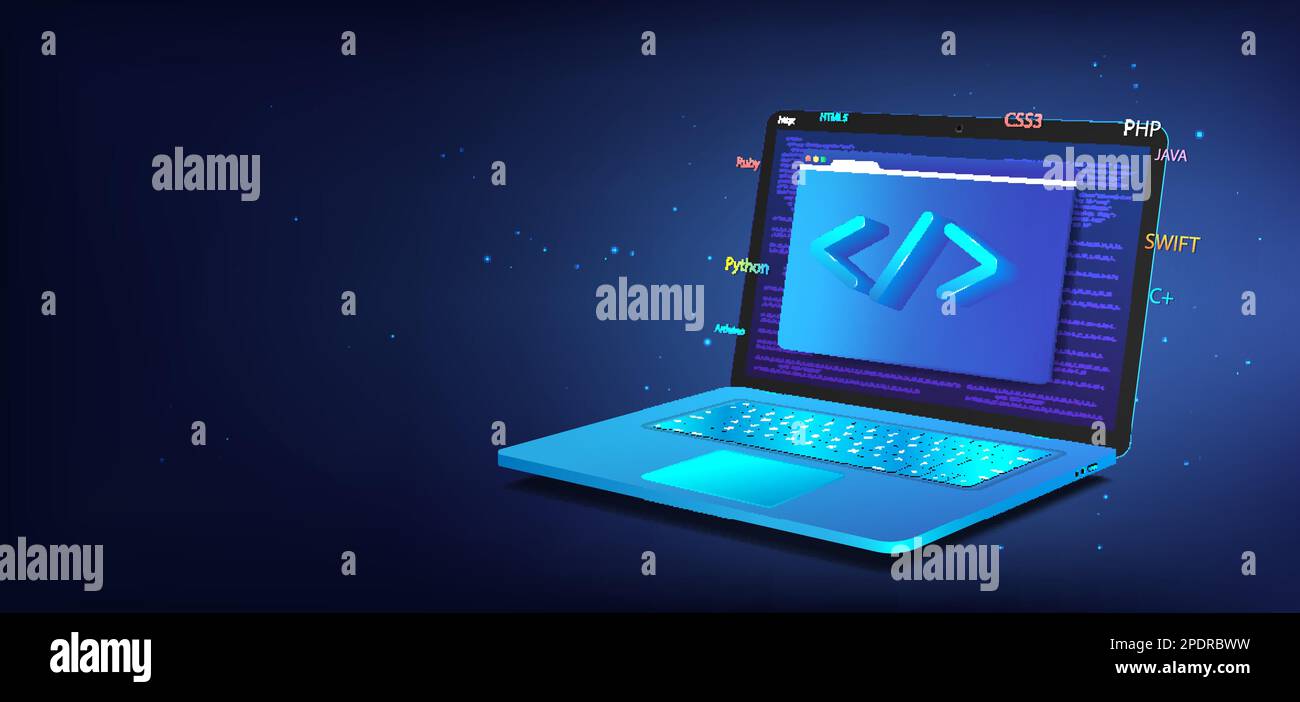 Sviluppo di software banner. 3D laptop con icona di programmazione Illustrazione Vettoriale