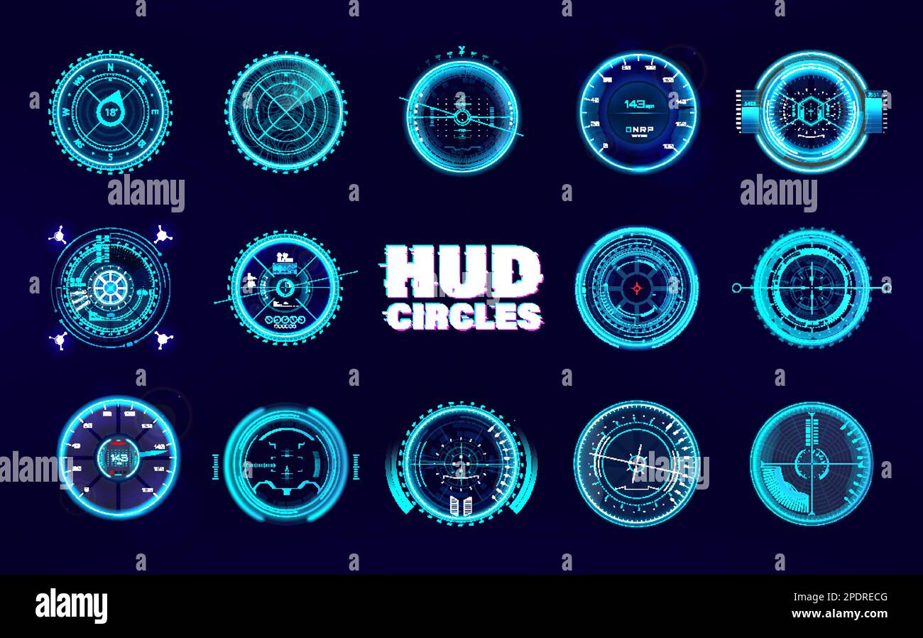 Cerchio HUD ologrammi militari, mirini, cecchino. Stile cyberpunk Illustrazione Vettoriale