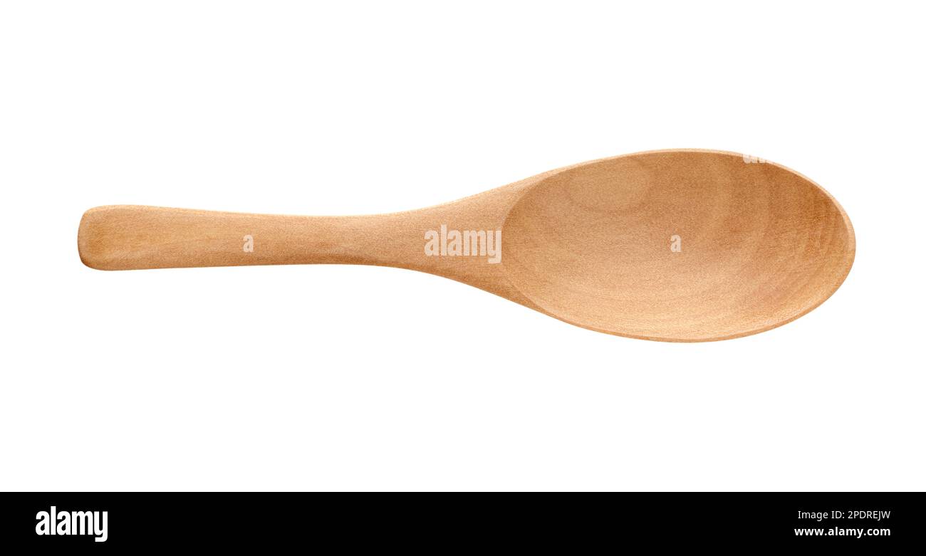 Cucchiaio di legno singolo, vuoto, isolato su fondo bianco Foto Stock