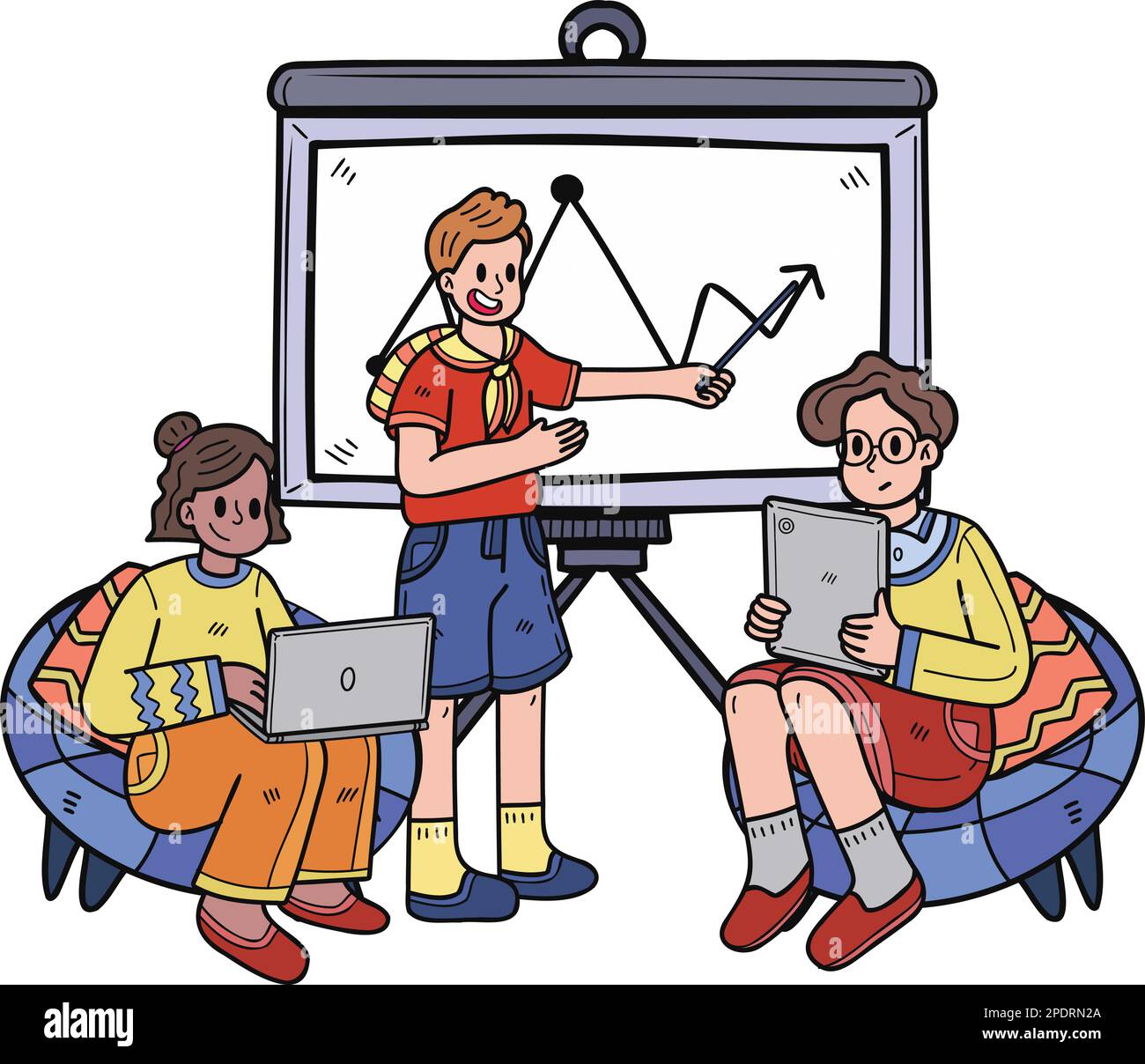 Il team di lavoro si diverte a una riunione in stile doodle isolato sullo sfondo Illustrazione Vettoriale