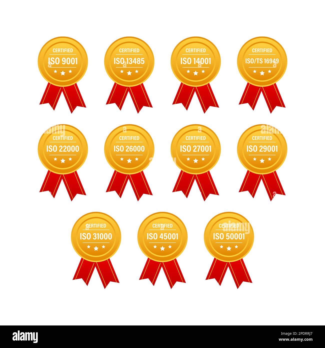 Set di etichette e timbri di certificazione ISO. Badge con certificazione ISO. Gestione della sicurezza delle informazioni Illustrazione Vettoriale