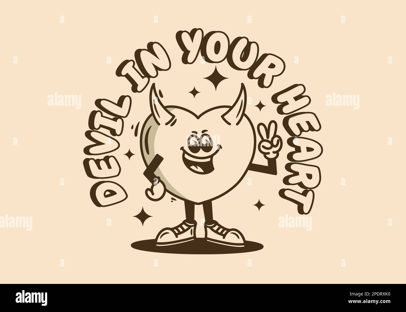 Mascot personaggio design di un cuore diavolo in piedi con le mani che formano un simbolo di pace Illustrazione Vettoriale