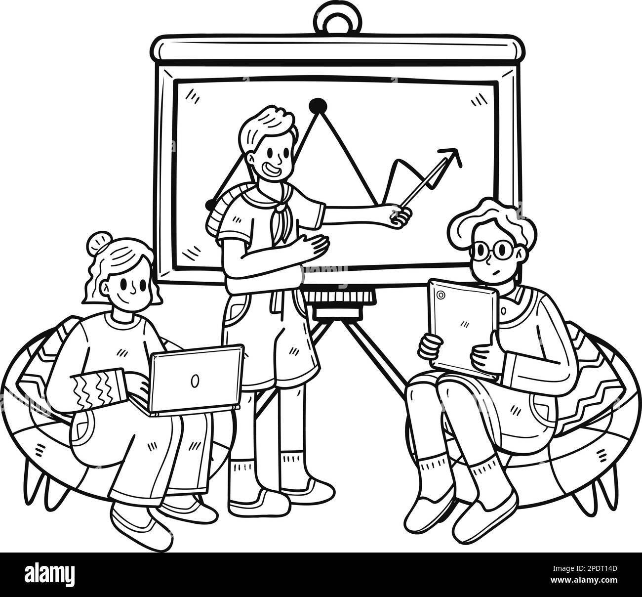 Il team di lavoro si diverte a una riunione in stile doodle isolato sullo sfondo Illustrazione Vettoriale