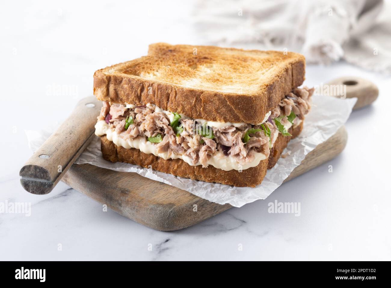 Panino di tonno con verdure su sfondo marmoreo Foto Stock