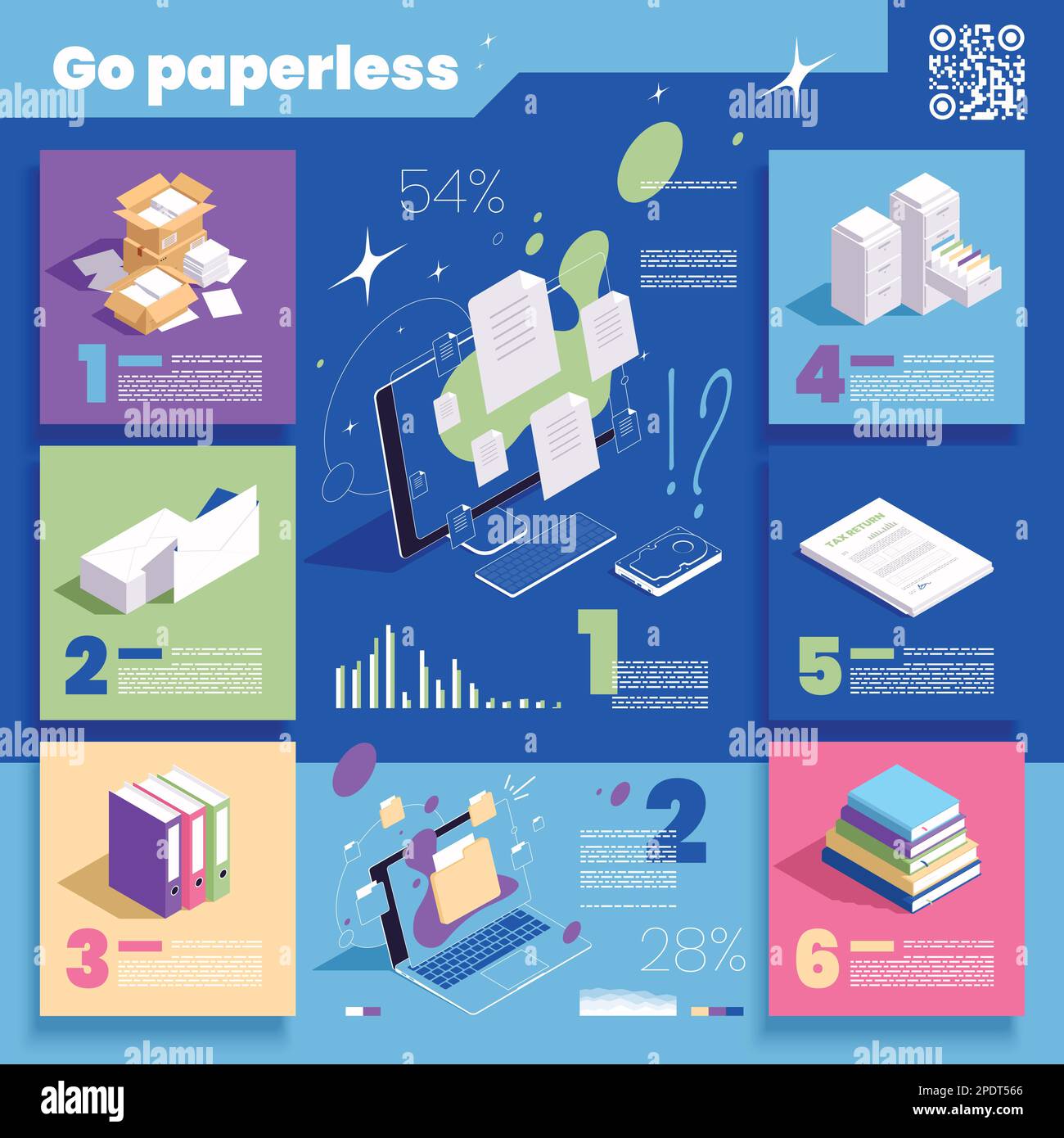 Infografica isometrica senza carta con documenti cartacei e dati digitali su sfondo a colori 3D illustrazione vettoriale Illustrazione Vettoriale