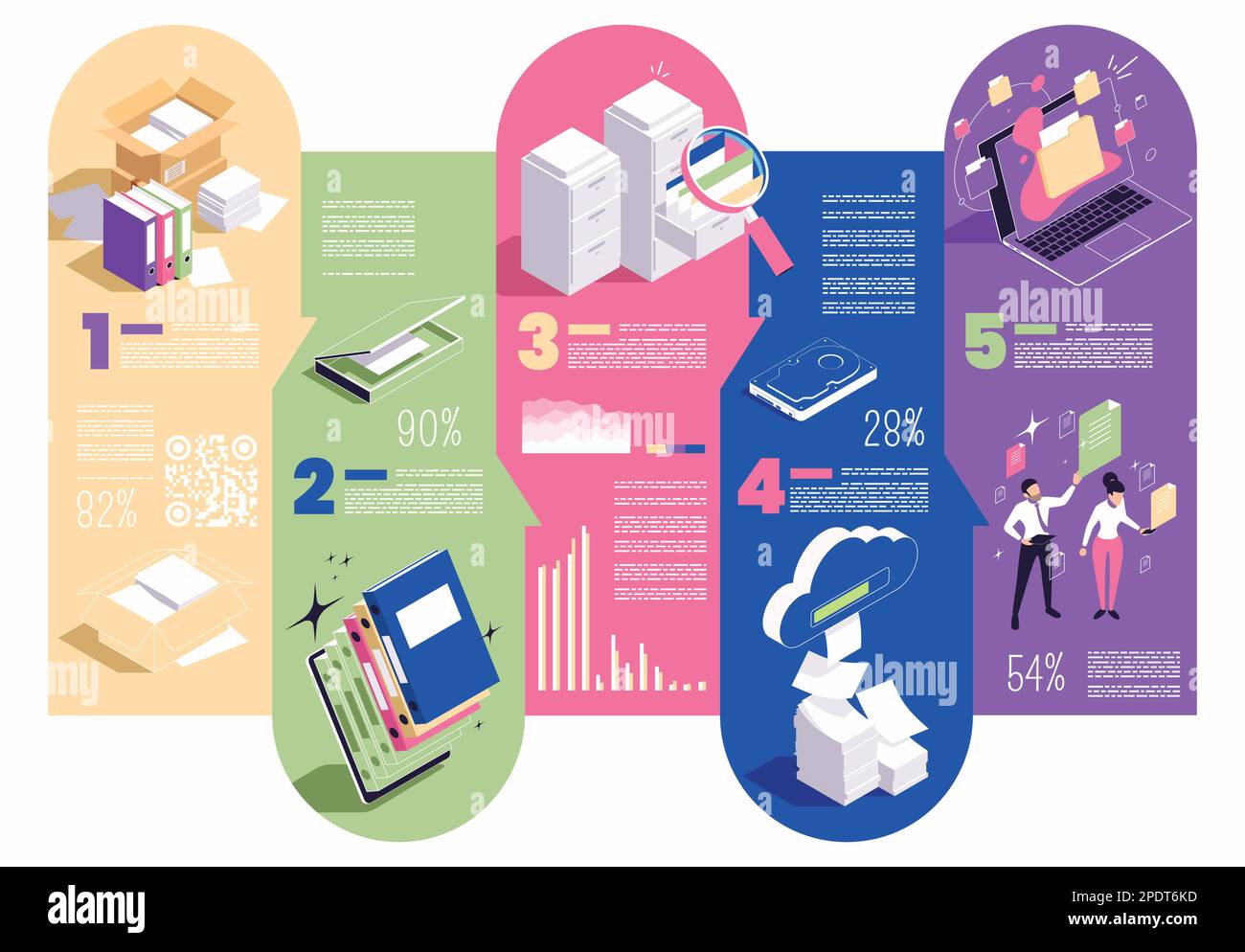 Diagramma di flusso a colori isometrico senza carta con dati digitali e carte su illustrazioni vettoriali con sfondo colorato Illustrazione Vettoriale