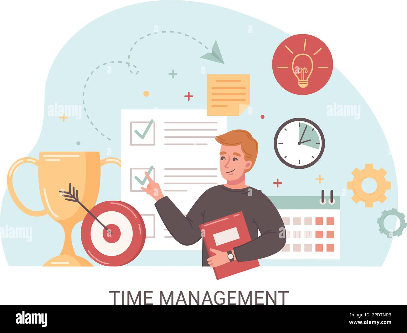 Gestione del tempo di composizione di cartone animato con vincitori Cup business pianificazione creativa idea obiettivo piatto icone vettore illustrazione Illustrazione Vettoriale