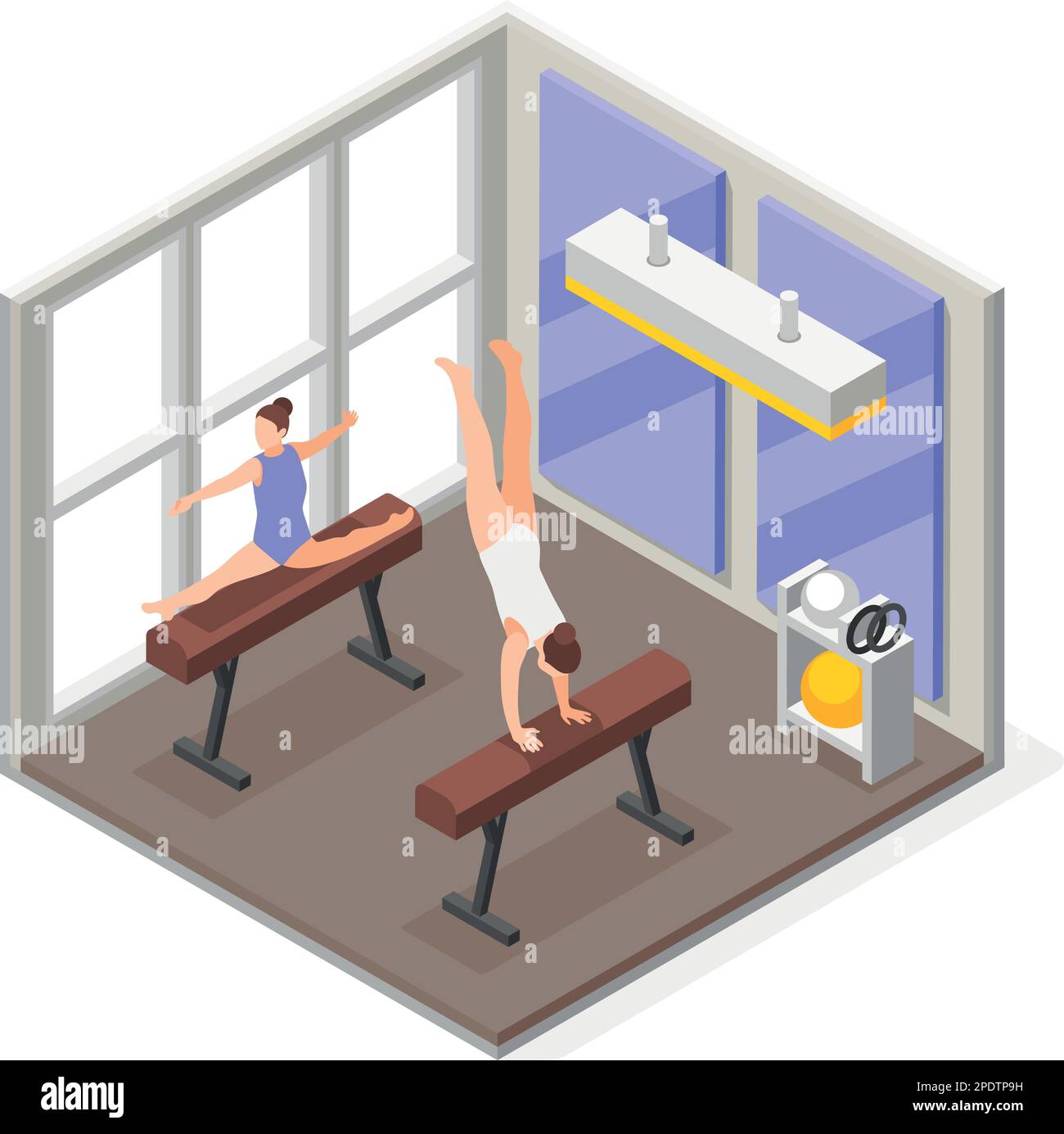 Ginnastica composizione isometrica con vista interna del locale palestra con bucks in piedi e figure vettoriali di personaggi femminili praticanti Illustrazione Vettoriale