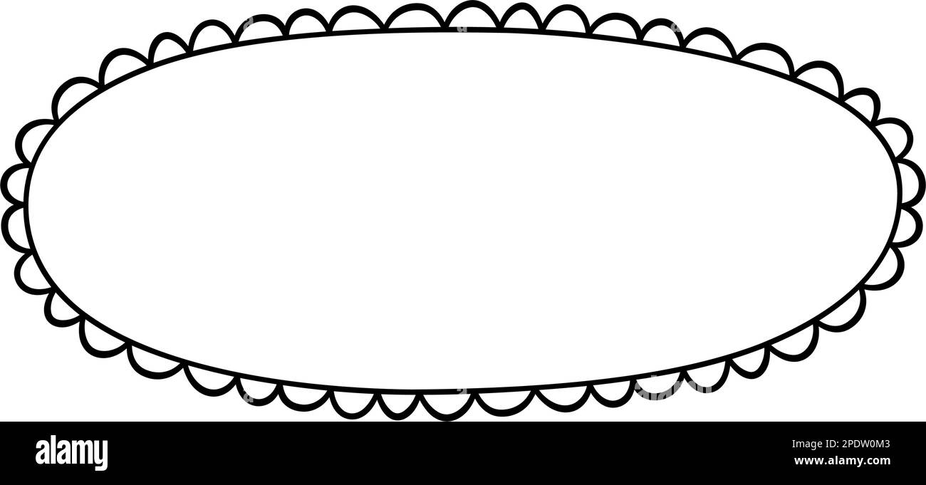 Doodle cerchio ovale smerlato cornice. Forma ellittica del bordo scalato disegnata a mano. Semplice forma di etichetta rotonda. Cornice in pizzo con silhouette floreale. Vettore Illustrazione Vettoriale