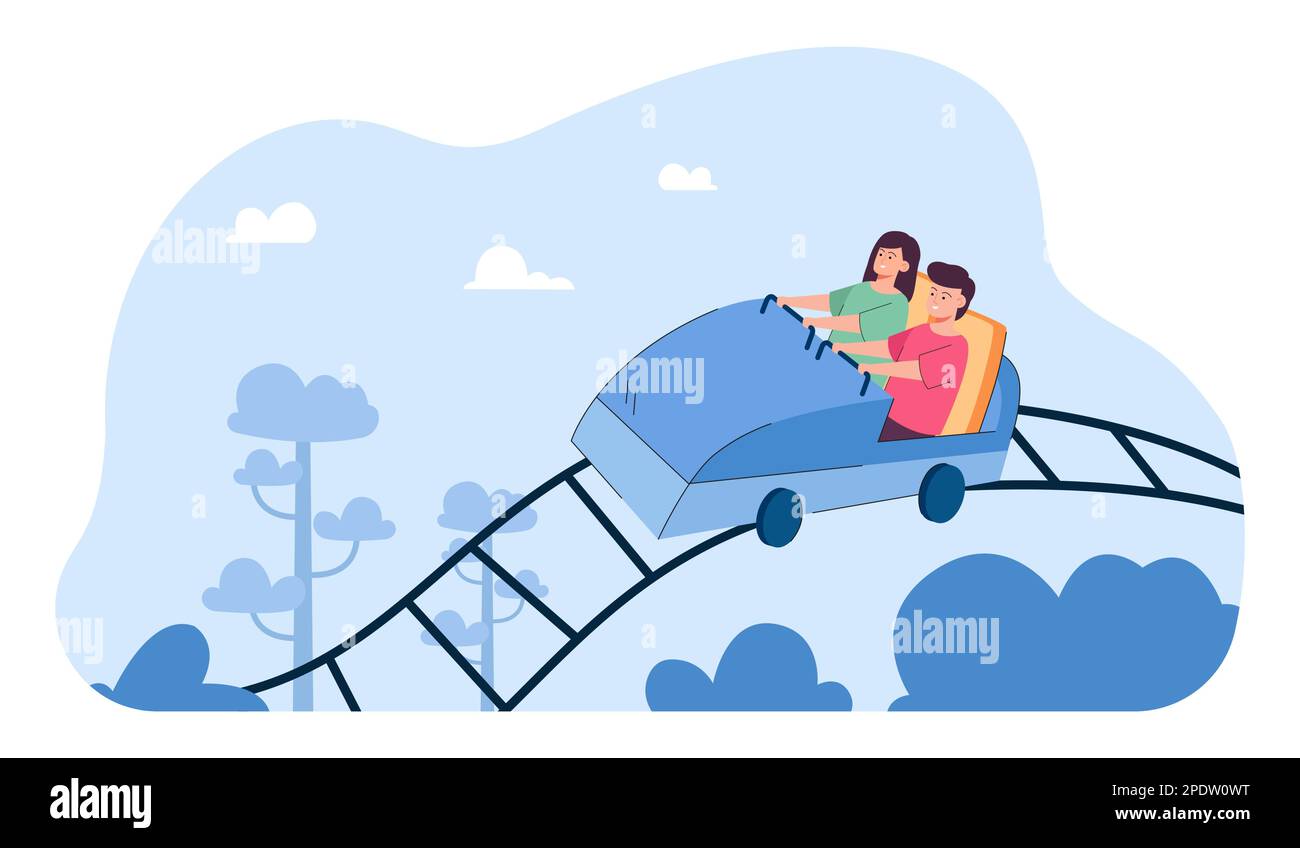 Divertente giro sulle montagne russe di bambini felici nel parco divertimenti Illustrazione Vettoriale