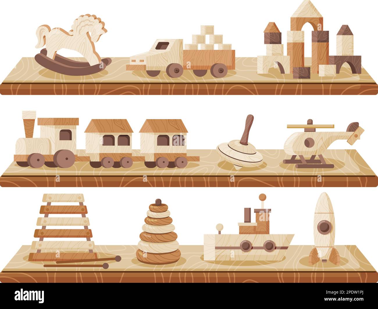 Tre ripiani con giocattoli di legno vintage in modo da elicottero cavallo castello razzo piramide nave ferroviario aereo illustrazione vettore Illustrazione Vettoriale