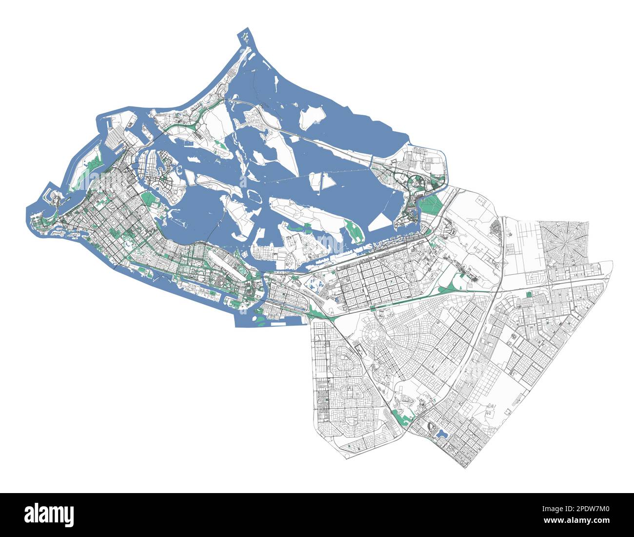 Mappa di Abu Dhabi, territorio amministrativo della città. Capitale degli Emirati Arabi Uniti piano dettagliato della città. Vector ilustration con strade, parchi, isole e coste. Illustrazione Vettoriale