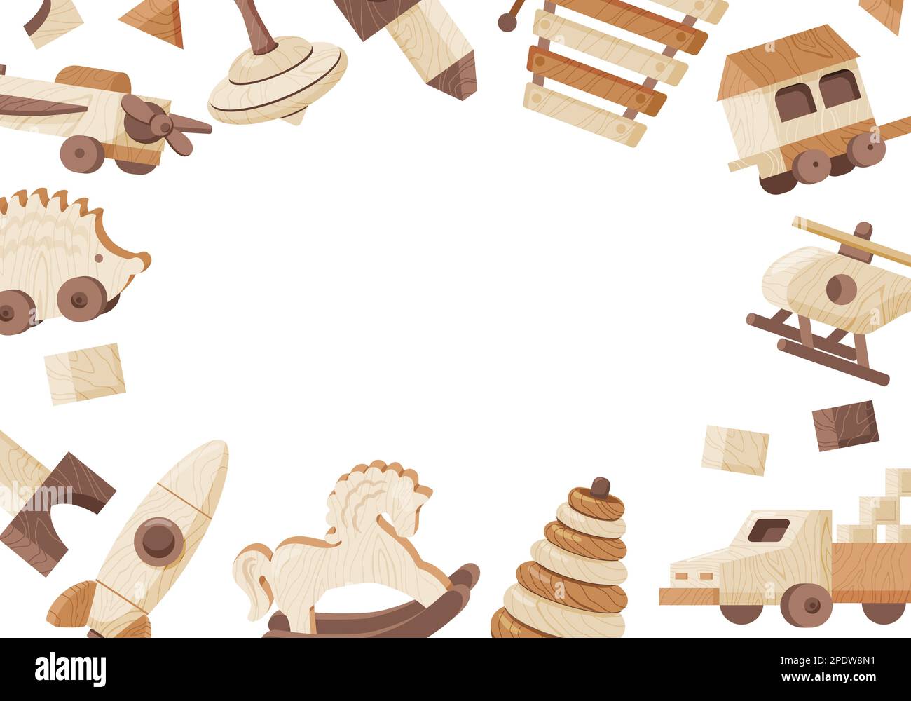 Sfondo bianco con posto per testo e cornice costituito da giocattoli in legno vintage disegno vettoriale piatto Illustrazione Vettoriale