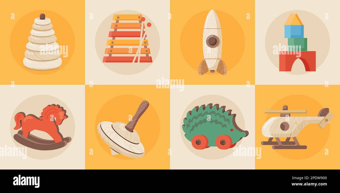Giocattoli di legno vintage icone quadrate piatte che mostrano cubi elicottero whirligig razzo piramide vettore illustrazione Illustrazione Vettoriale